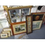 A mixed lot to include a carved Florentine frame A/F, two maple frames and sundry watercolours to