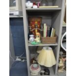 A mixed lot comprising a pair of modern bronze effect table lamps, vintage books, vintage china, a