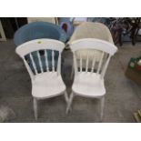 A blue Lloyd Loom chair, together with a white Lloyd Loom chair and a pair of white painted chairs