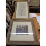 Tom Oldham - an interior room scene, watercolour, signed, 10 1/2 x 10; and FLB - 'Almond Bloom', a