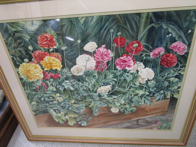 E Yeo - a pair of still life Roses, 31 1/2 x 25 1/2, and Geraniums, 25 x 31 3/8, watercolours,