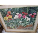 E Yeo - a pair of still life Roses, 31 1/2 x 25 1/2, and Geraniums, 25 x 31 3/8, watercolours,