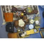 A mixed lot to include a 1930s oak table lamp fashioned as a barrel, 6 h, binoculars and other