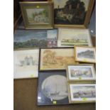 Mixed watercolours and oil paintings to include an oil painting by Ted Moore, a watercolour by B