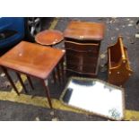 A mixed lot to include a small yew wood chest, a nest of tables, a magazine rack, a mirror and a