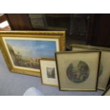 Pictures to include framed and glazed prints, a Venetian scene in a gilt frame and two other smaller