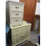 A modern cream painted cabinet with twin doors and a drawer, 28 h, 30 w and a similar three drawer