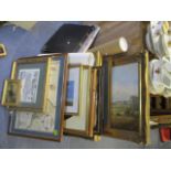 Pictures to include R Brown - a rural scene, oil on canvas, 20 x 30 in a gilt framed and other