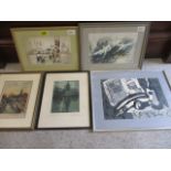 A selection of watercolours and prints to include two signed Asian watercolours depicting doves in