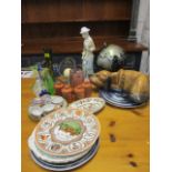 Mixed china, glassware and ornaments to include terracotta spice jars, 1930s dressing table glass