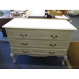 A modern white painted French three drawer chest of drawers on cabriole legs, 31h x 40 3/4 w