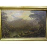 Mid 19th century British School - a lake scene with figures by a boat and hills beyond, oil on