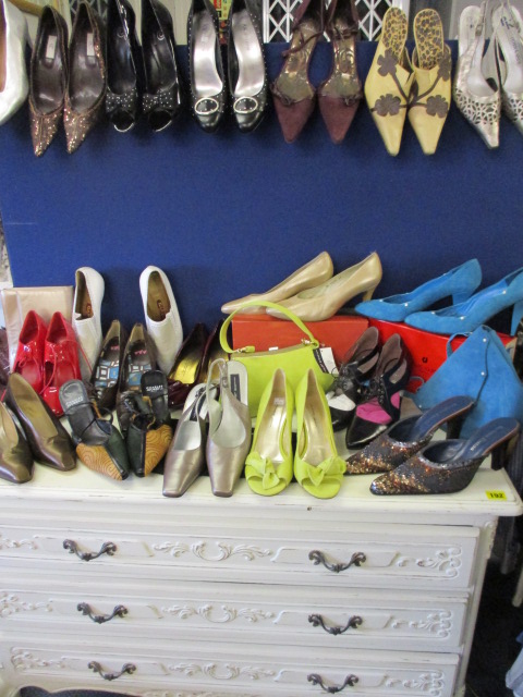 A selection of ladies designer shoes to include Charles Jourdan stilettos in turquoise, size 6 1/2