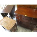 A mixed lot of furniture to include a five drawer mahogany chest, a fall flap table and a sewing