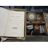 Mixed fishing items to include fly fishing tackle, three early 20th century prayer books, a circular