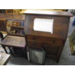 Small oak furniture to include a bureau, a mirror, a nest of three tables and three prints