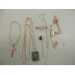 9ct, 10ct gold and yellow metal necklaces, a stick pin brooch, pendant and chains