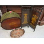 A large brass Eastern tray, an Edwardian mahogany inlaid and galleried tray, another galleried