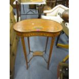 A late Victorian/Edwardian satinwood Sheraton revival kidney shaped, two tier table, 27 1/2 h, 21