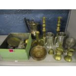 Mixed metalware to include brass door furniture, a silver plated coffee pot, brassware and pewter