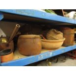 Mixed metalware, terracotta and treen to include a treen brass bound bucket