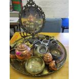 Mixed brass, copper and pewter to include a large brass Middle Eastern tray