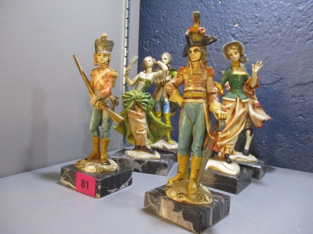 A set of six French composition model figures, each on a marble plinth