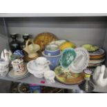 A mixed lot to include a Victorian Majolica plate, Royal Doulton plates, a German tankard,