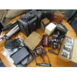 A large selection of vintage cameras, lens and accessories to include Zeiss Ikon Cortina J camera in