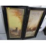 Two prints depicting stags at bay, 35h x 12 1/2 w, framed and glazed