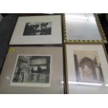 Three mirrors, two etchings, one of a pond, the other a street scene and a street scene sepia