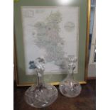 A map of Buckinghamshire, print, together with two cut glass decanters