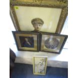 Pictures and photographs to include three portraits, one of a soldier and an oriental print