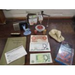 A 1937 commemorative gong, mixed items to include a composition dog, vintage Casio television, Dice,