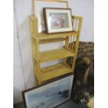 A modern light wood folding bookcase, 58 1/4 h x 22 3/4w together with mixed pictures