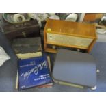 A mixed lot to include a vintage radio, a Philips reel player and mixed records