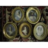 A group of five mid 20th century miniatures of ladies in 19th century fashionable dress