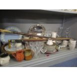 A mixed lot to include a Wedgwood plate, a Derby plate, decanters, walking sticks, silver plate