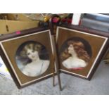 Two portrait prints of females and two walking sticks