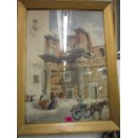 Gigli - a town square scene with figures, a man, a horse and cart watercolour, signed, in a gilt