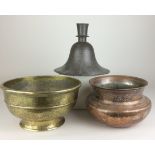 Three 19th Century metal Vessels,Comprising and Indian Bidri bell shaped huqqa base, 8 in high, a