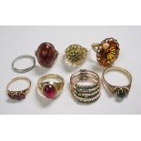 A Collection of eight Rings set agate, garnet, citrine, etc and a platinum Wedding Band approx 2.