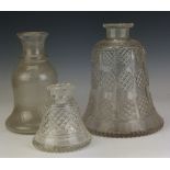 Three 19th Century European glass Huqqa Bases,Of bell shape, two with cut glass decoration, one