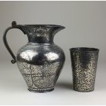 A 19th Century Bidri silver inlaid Jug, Deccan, Of baluster form, 8 in high, and a tapering beaker