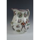 A large Ellsmore & Foster Jug decorated polychrome lustre prints including jesters, figures and