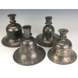 Four 19th Century Bidri silver inlaid bell shaped Huqqa Bases, Deccan, Various decoration