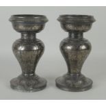 A pair of 19th Century Bidri silver inlaid baluster Vases, Deccan, The broad basin shaped tops above