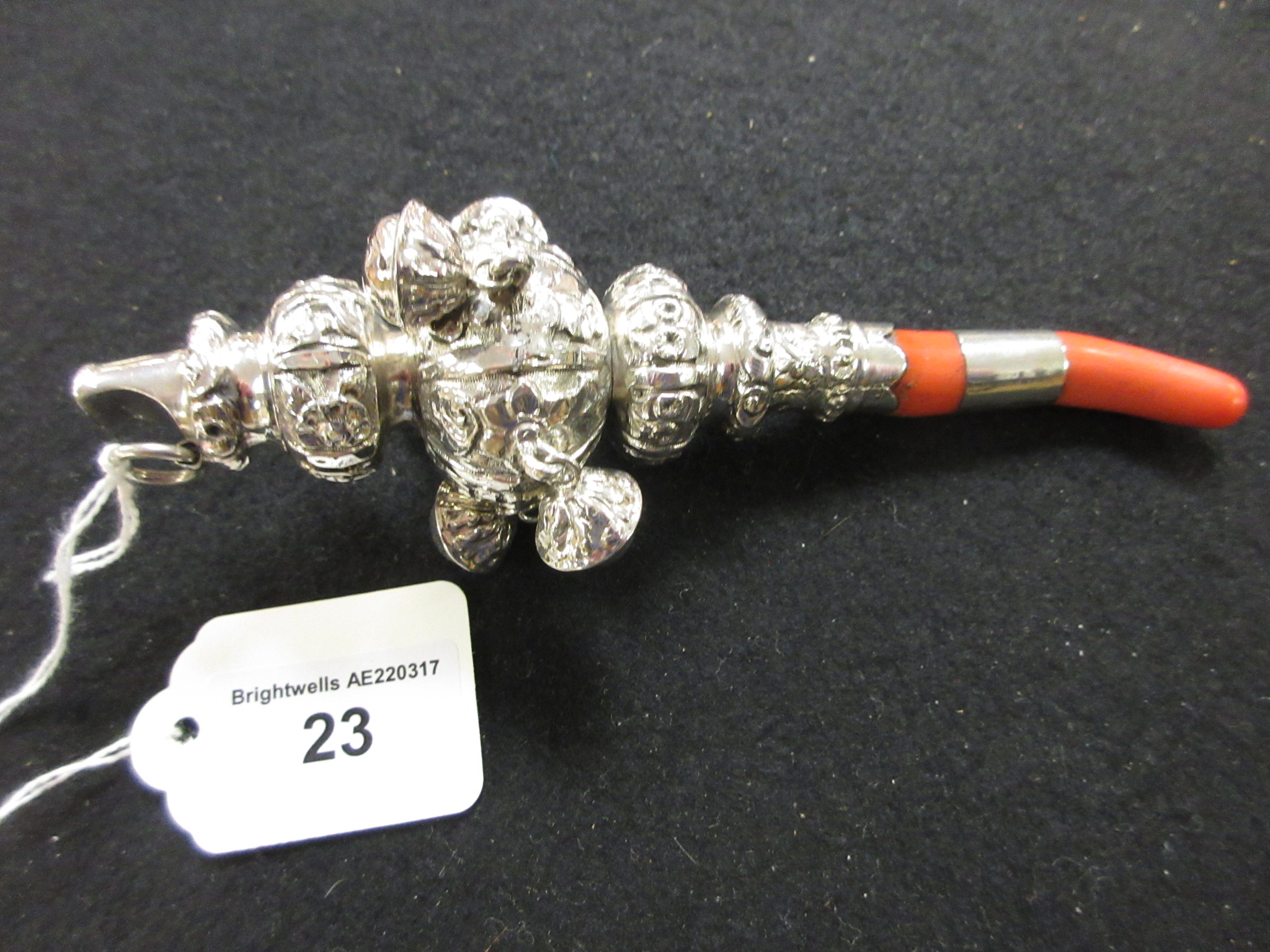 A Victorian silver Rattle with floral embossing and five applied bells, Birmingham circa 1890 - Image 2 of 5