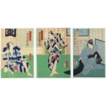 Four Japanese Woodblock Triptychs, Edo and later, Comprising a scene from Natsu Matsuri depicting