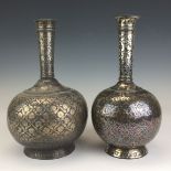 Two 19th Century Bidri silver inlaid globe and shaft Bottles, Deccan, One with floral diaper